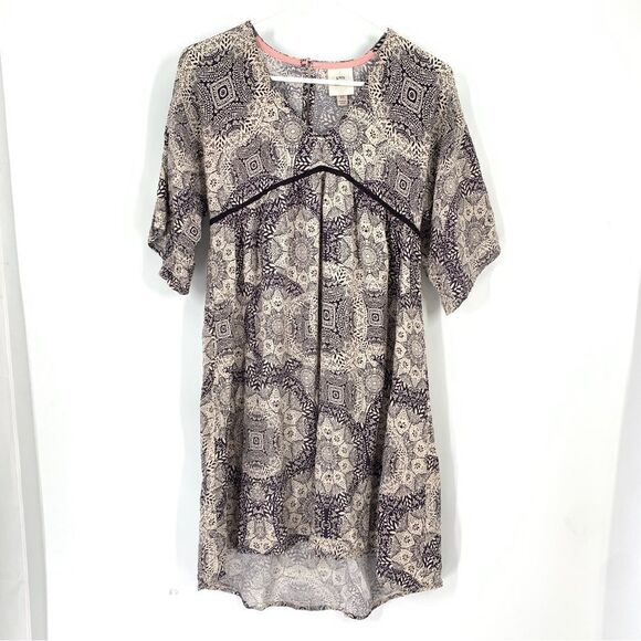 Knox Rose Beige and Gray XS Allover Pattern Empire Waist S/S Peasant Dress - Picture 1 of 8